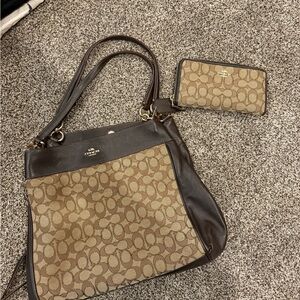 Coach Brown and Tan Signature Shoulder Bag and Wallet